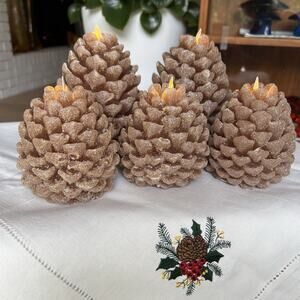 Luminara Flameless Pinecone Glitter Candle: Set Of 5! Two Sizes W/Remote Brown